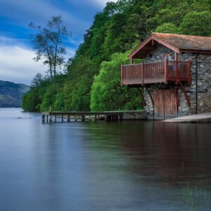 hipped-roofed lake house