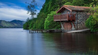 hipped-roofed lake house