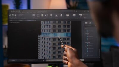 an architect-engineer pointing at an architectural building prototype on a PC screen