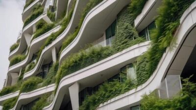 Close-up of sustainable design of futuristic building with vertical garden