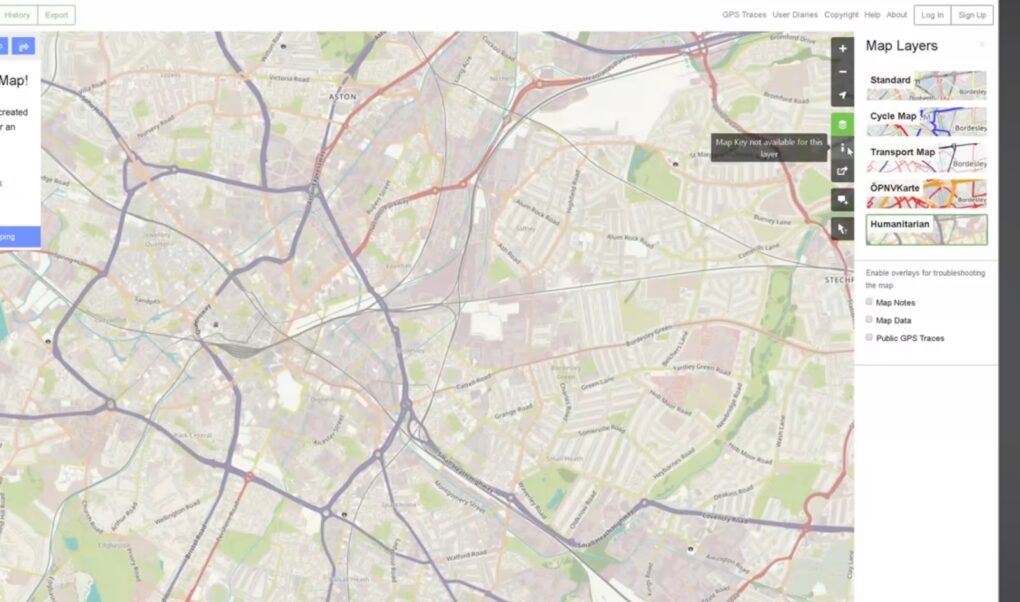 A map from an online mapping service showing detailed city streets and transportation layers