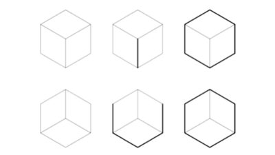 Series of six line drawings of cubes with varying perspectives and line types