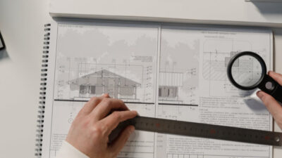 Close-up of a person's hands holding a magnifying glass and a ruler over architectural drawings