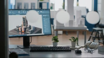 A modern workspace with architecture software on the screen