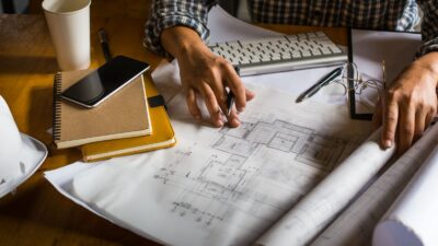 Close up of architect projecting on the big drawings